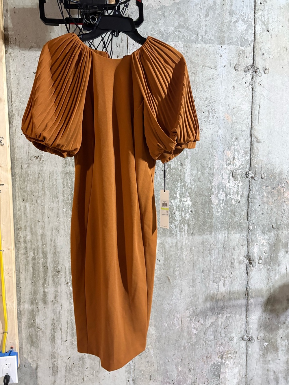 Calvin Klein Rust Pleated Puff-Sleeve Midi Dress